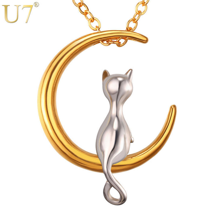 Moon And Cute Cat Pendant With Chain Silver & Gold Color Stainless Steel