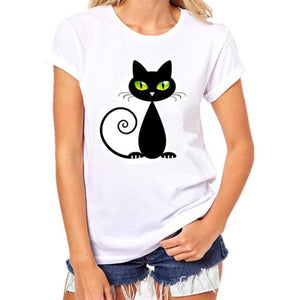 Women White T Shirt, Girls Plus Size Available, Cute Cat Print Tees